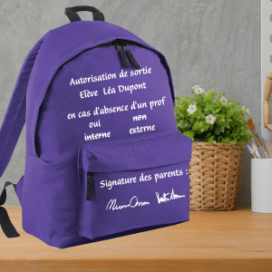 Sac à dos "Autorisation de sortie" à personnaliser avec le nom de l'enfant.