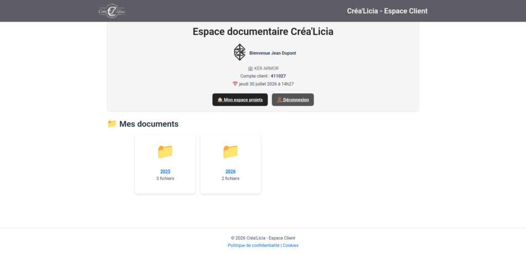 Espace personnel crealicia.bzh, Espace documents client
