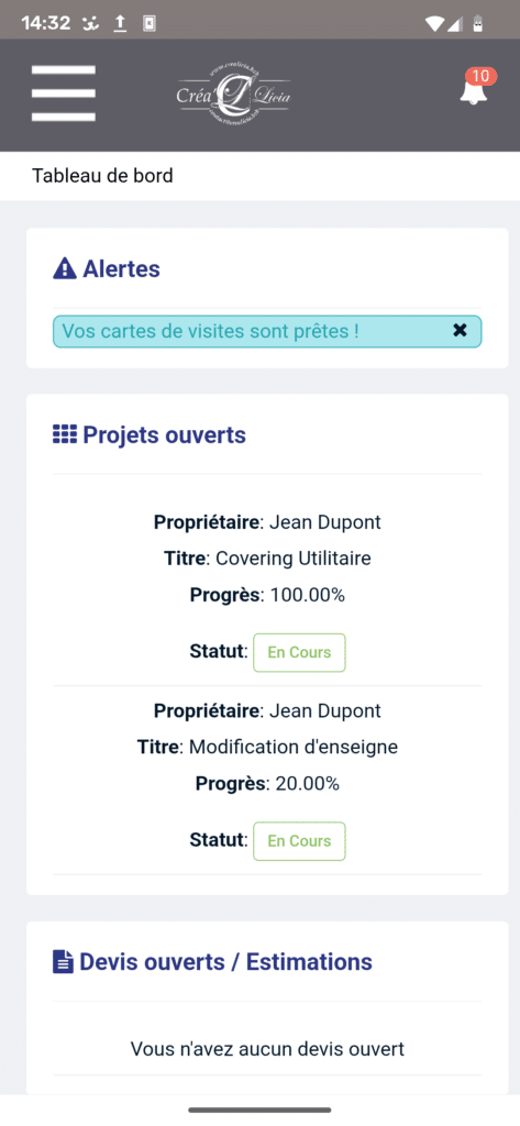 Capture smartphone de l'application espace client
