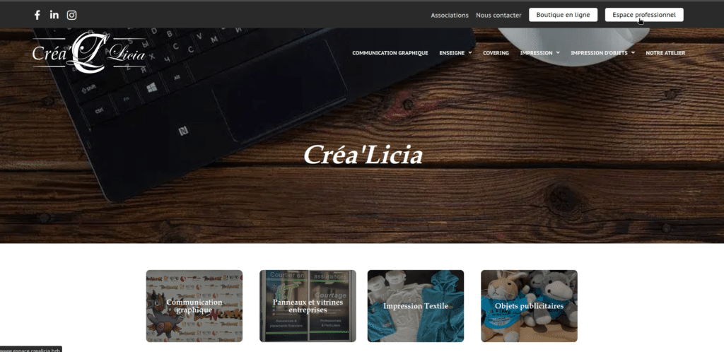 Capture acceuil Créa'Licia pour bouton Espace Pro
