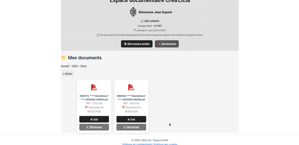 Dossier devis du client test Espace Créa'Licia