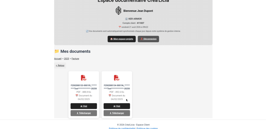 Capture d'écran dossier facture GED client test